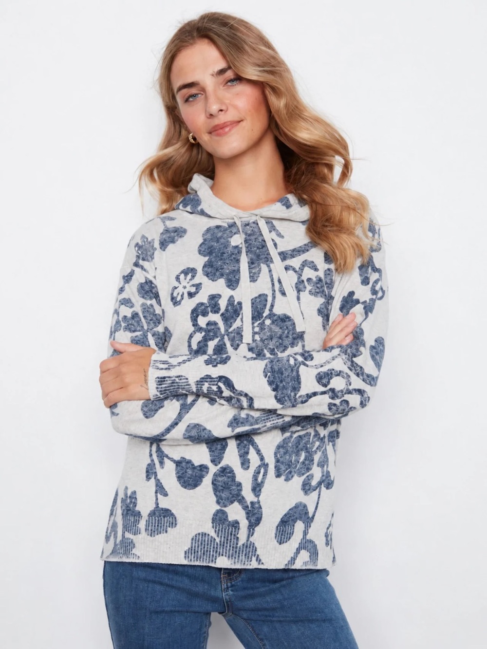 CHARLIE B Cream Hoodie with Blue Floral Print